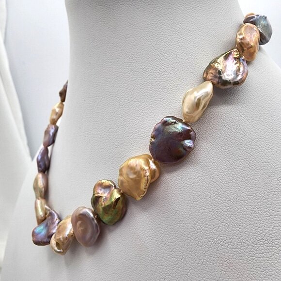 Large Keshi Baroque Pearl Necklace And Bracelet Set, Rainbow Colors 925  SS - Picture 3 of 15